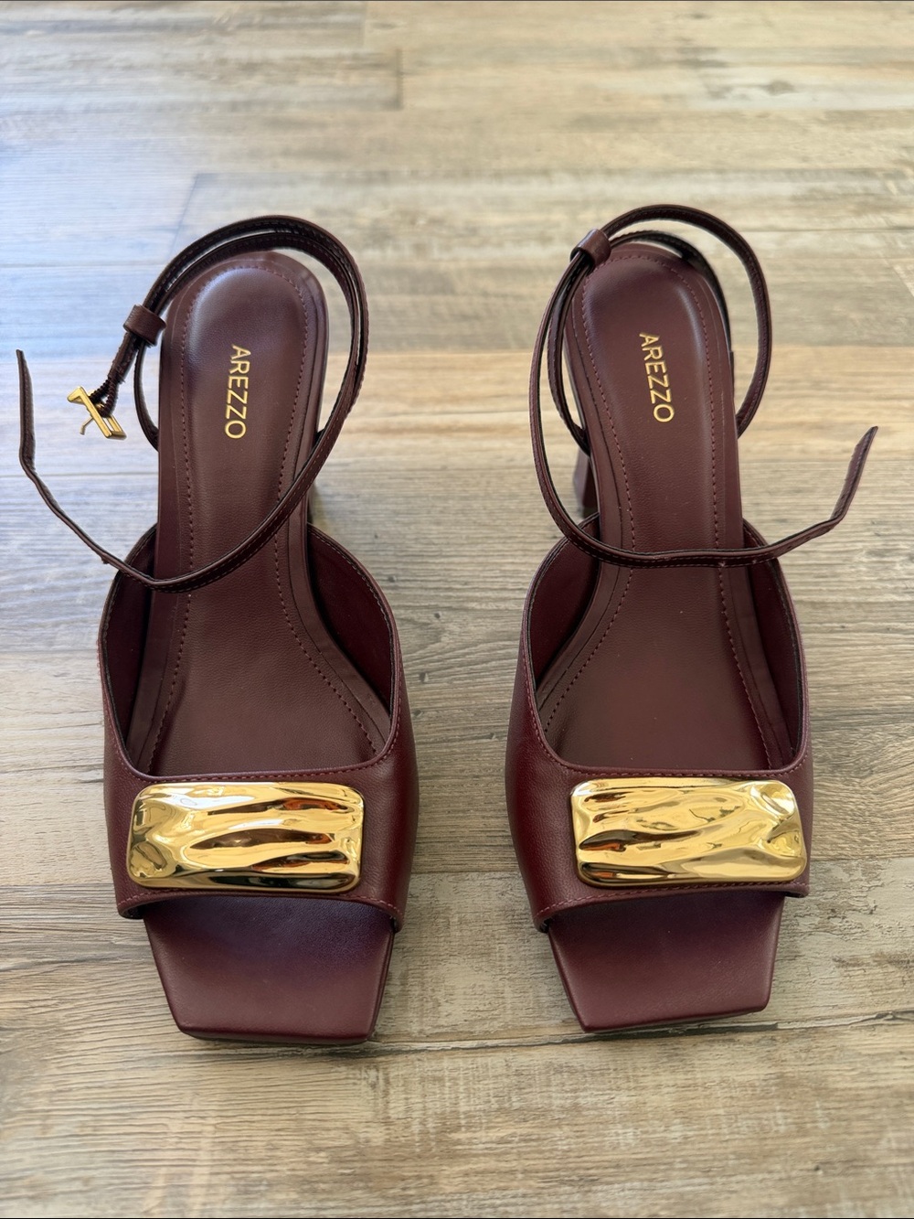 Arezzo Burgundy Leather Ankle-Strap Heels with Gold Accent